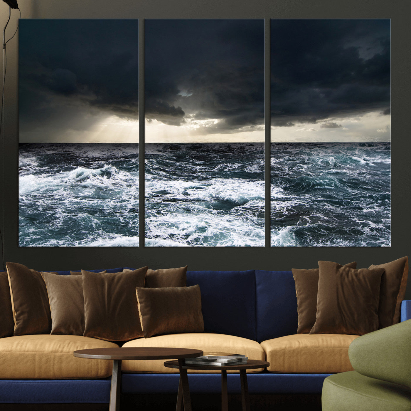 Moody ocean scene with stormy skies and crashing waves, perfect for dramatic or coastal-style home wall decor.