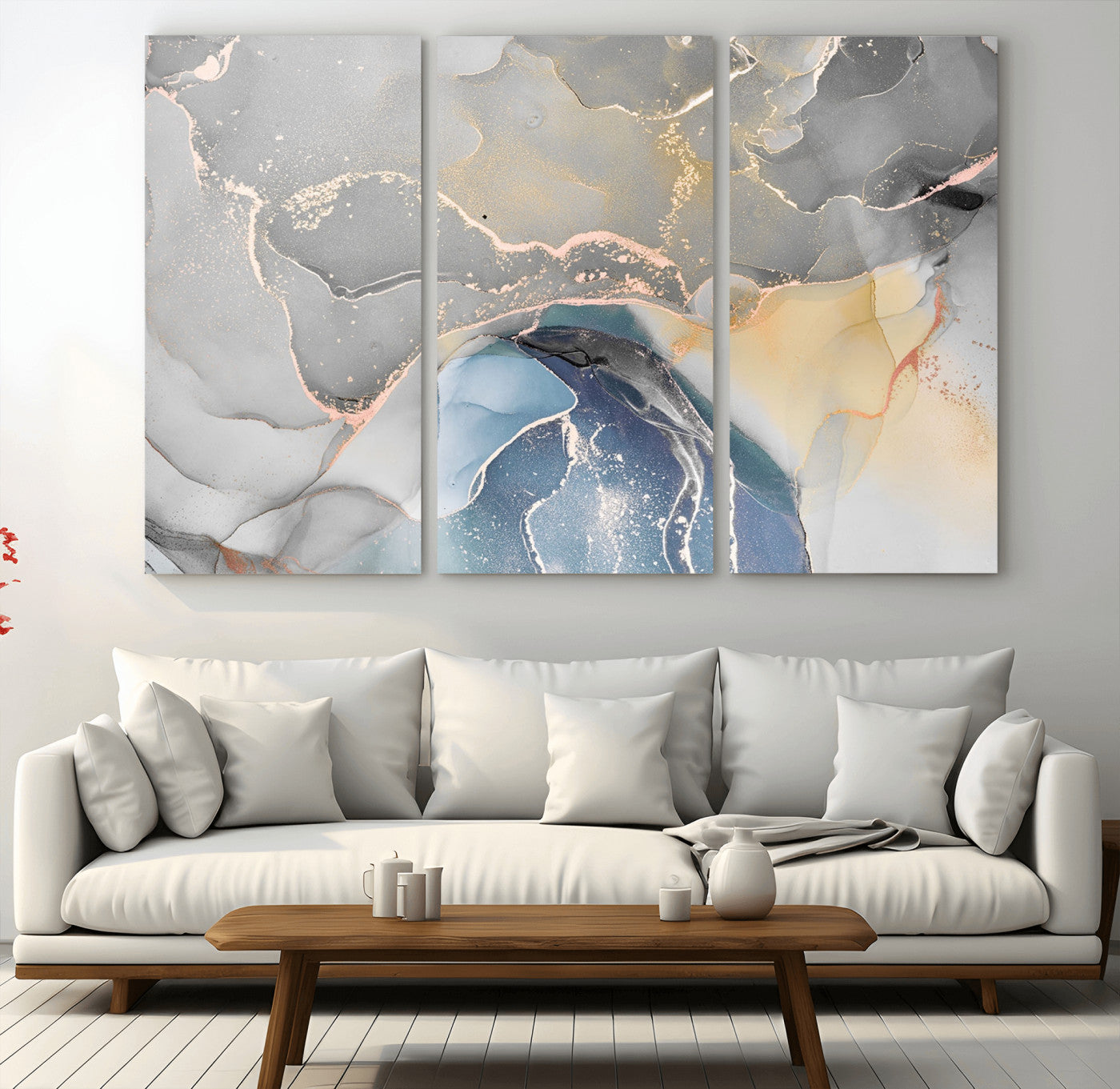 -Abstract Fluid Art Wall Decor – Blue, Gray & Gold Canvas Print, Modern Home and Office Wall Art Decor for Living Room, Bedroom or Workspace