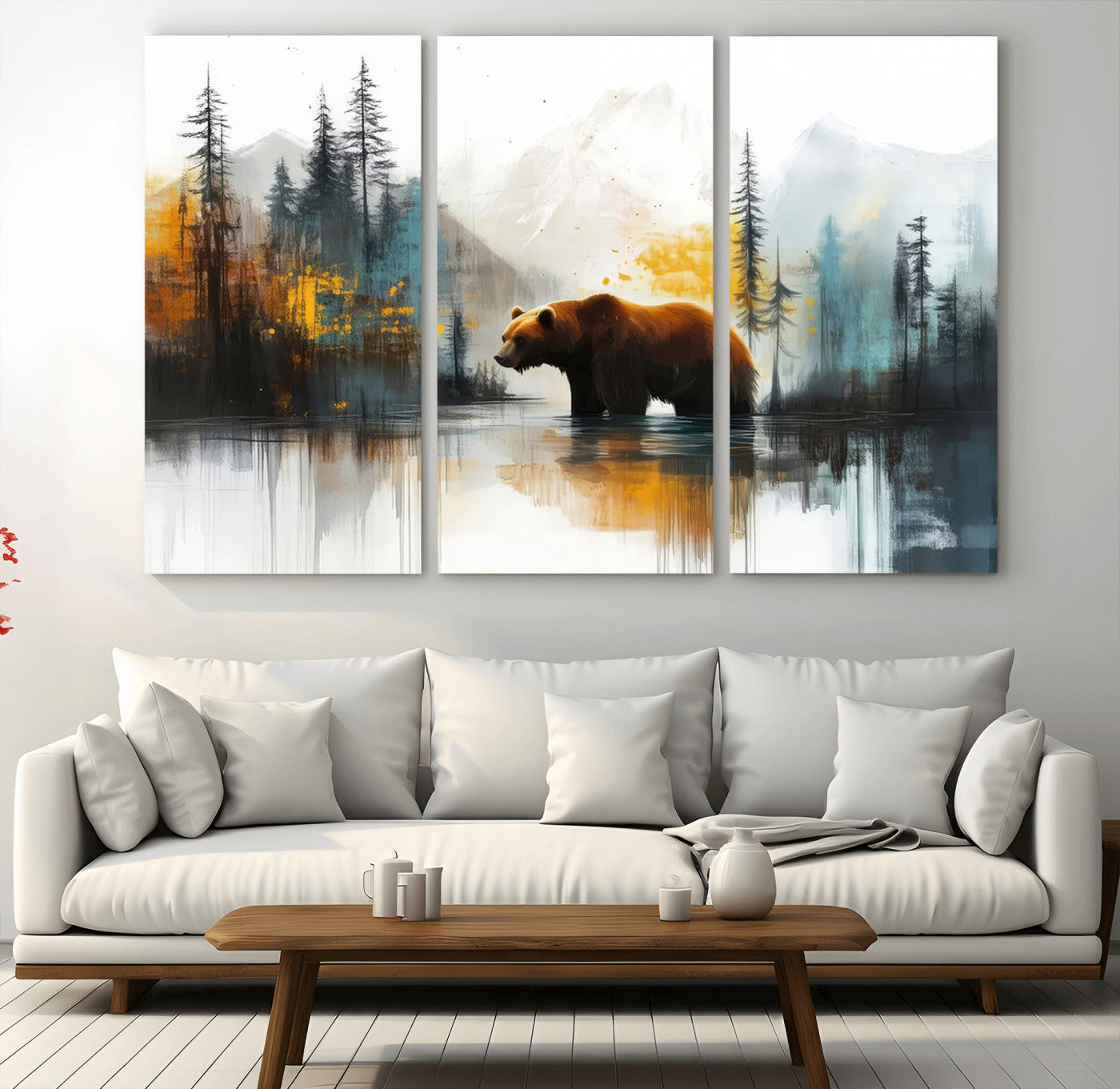 A majestic bear stands by the serene waters of a misty forest, surrounded by towering trees and distant mountains, evoking the raw beauty and wild spirit of nature.