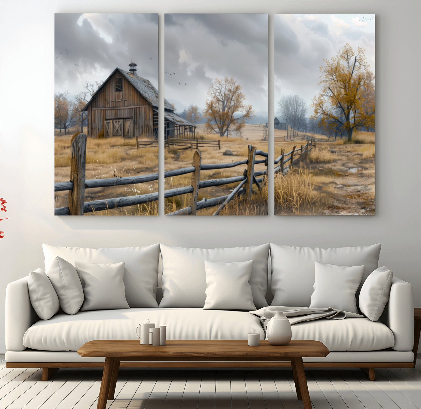 A tranquil rural scene featuring a rustic barn, overcast skies, and golden fields with scattered trees, evoking a sense of peaceful solitude in nature.