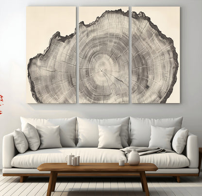 Detailed tree ring drawing in monochrome tones, ideal for rustic or nature-inspired interiors with a minimal decor aesthetic.