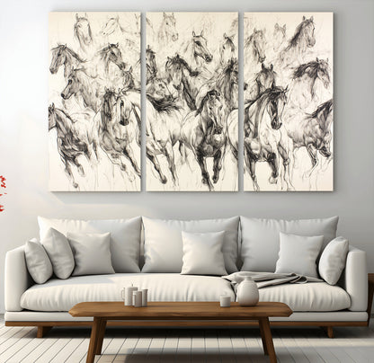 Monochrome ink sketch of galloping horses in dynamic motion, perfect for western or equine-themed wall decor with bold artistic energy.