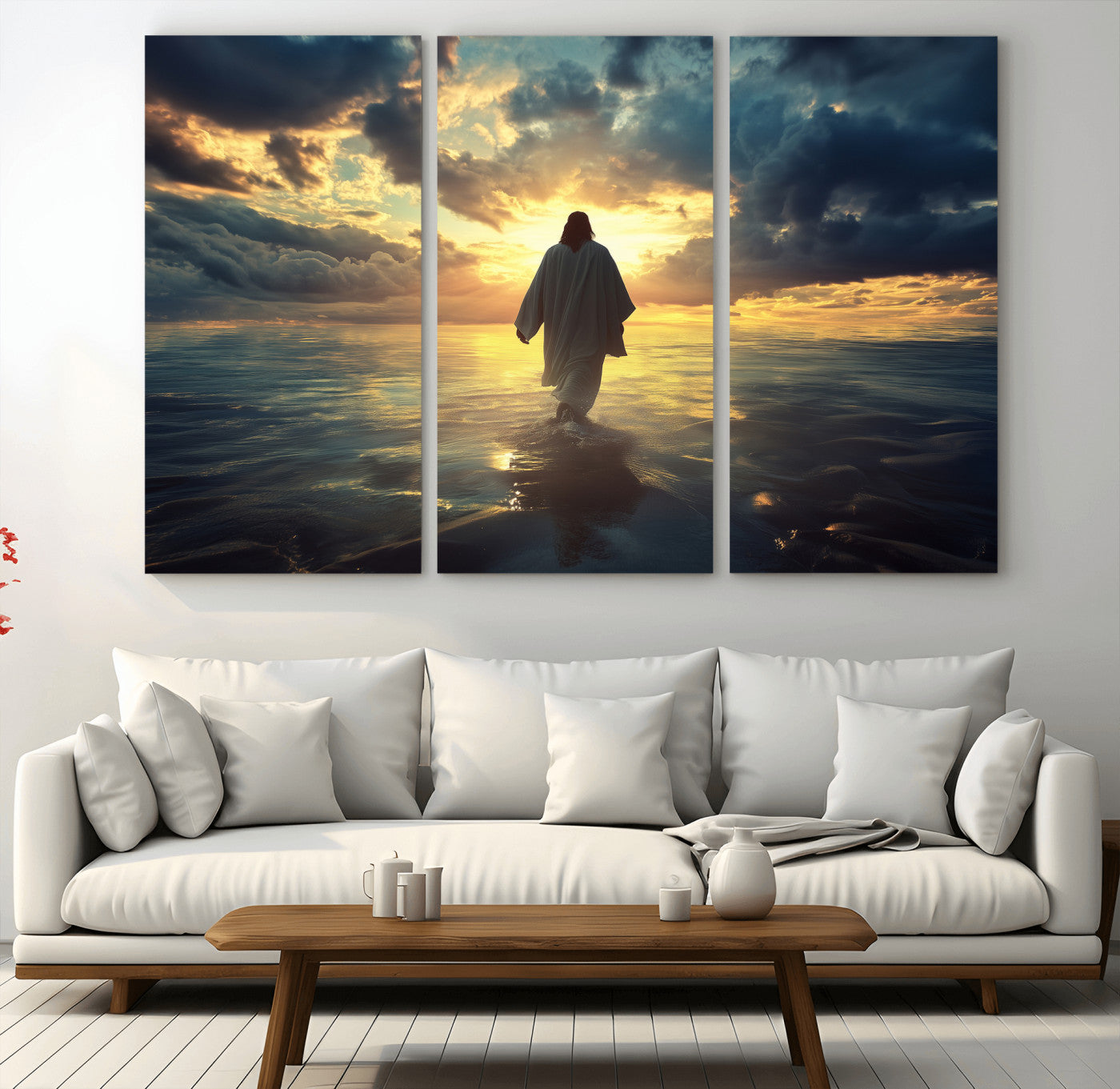 Spiritual artwork of Jesus walking on water at golden hour with divine light, ideal for Christian home decor or prayer room.