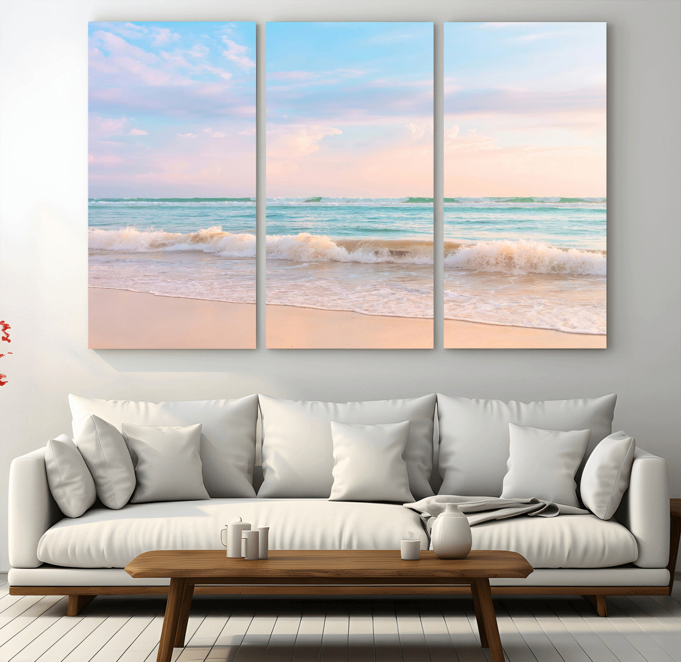 Pastel-toned ocean waves under soft sunset skies, ideal for pastel coastal or serene beach-style home decor.
