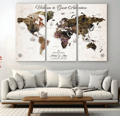 35778202-MGV-CV-36X24-Custom Push Pin World Map Wall Canvas Print – Personalized Travel Map with Pins – Framed Large Canvas for Home Office Decor