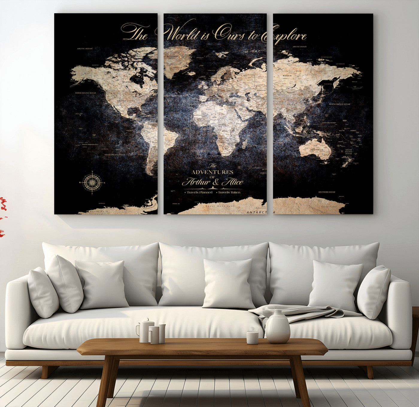 '-Customize Push Pin World Map Wall Canvas Print, Personalized Travel Tracker with Pins, Framed Large Canvas for Home Office Decor - H37