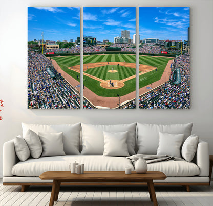 Wrigley Field Baseball Stadium Canvas Wall Art, Packed Crowd Sports Stadium Print, City Skyline Baseball Field Canvas for Game Room Decor
