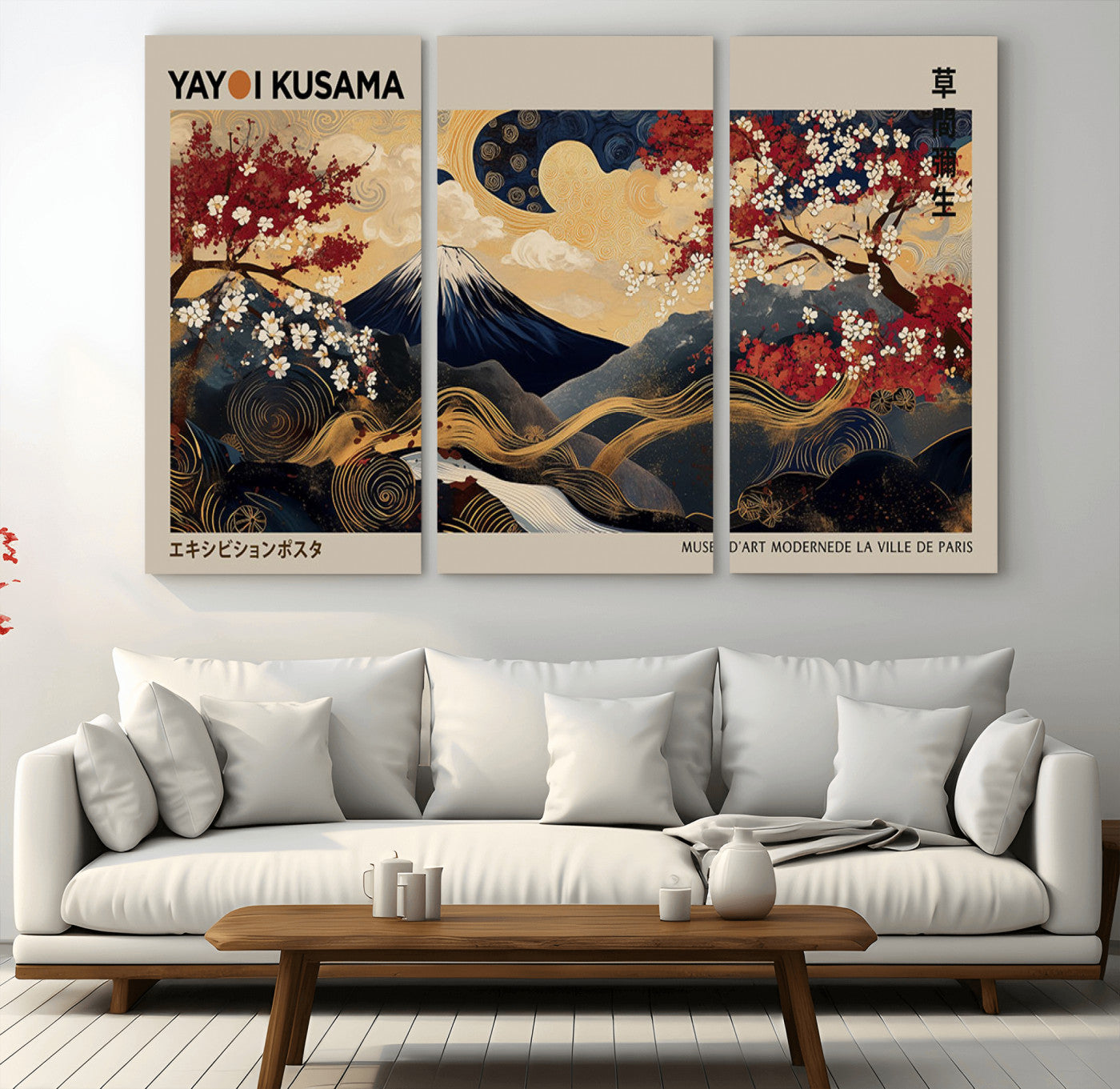 Yayoi Kusama's artwork featuring Mount Fuji, blooming cherry trees, and intricate swirls, blending traditional Japanese elements with vibrant color.