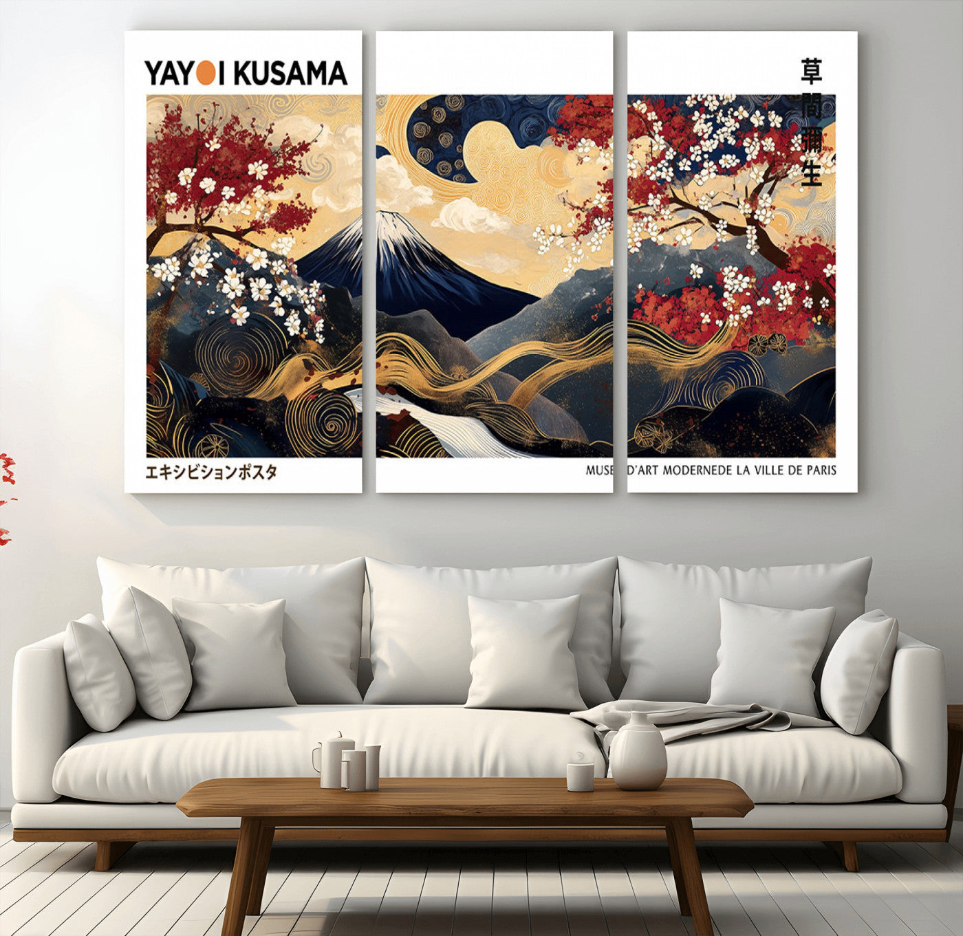 An artwork by Yayoi Kusama featuring Mount Fuji, blooming cherry blossoms, and swirling patterns in a harmonious blend of nature and art.