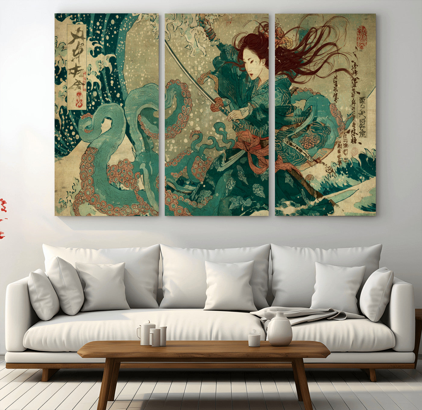 Tsukioka Yoshitoshi Samurai Wall Art Print, Japanese Katana Warrior Canvas Wall Art, Octopus Sea Monster Canvas Print,