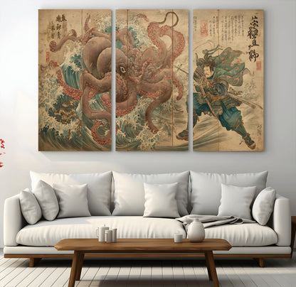 Tsukioka Yoshitoshi Samurai Wall Art Print, Japanese Katana Warrior Canvas Wall Art, Octopus Sea Monster Canvas Print,