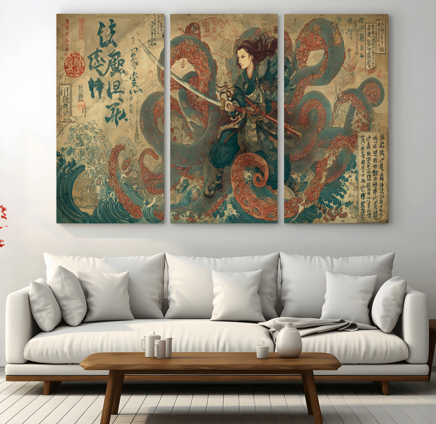 Tsukioka Yoshitoshi Samurai Wall Art Print, Japanese Katana Warrior Canvas Wall Art, Octopus Sea Monster Canvas Print,