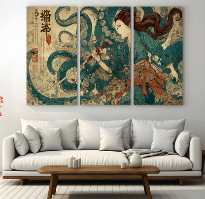 Tsukioka Yoshitoshi Samurai Wall Art Print, Japanese Katana Warrior Canvas Wall Art, Octopus Sea Monster Canvas Print,