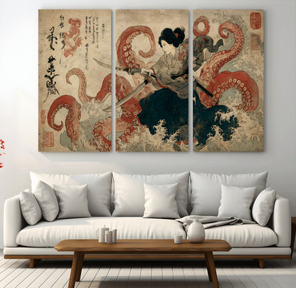 Tsukioka Yoshitoshi Samurai Wall Art Print, Japanese Katana Warrior Canvas Wall Art, Octopus Sea Monster Canvas Print,