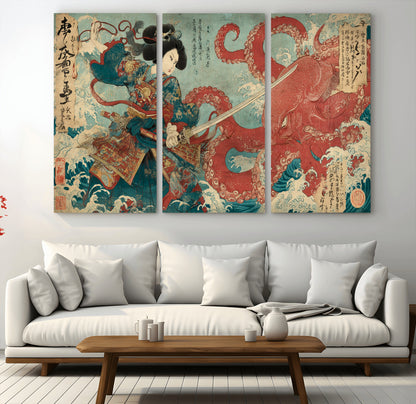 Tsukioka Yoshitoshi Samurai Wall Art Print, Japanese Katana Warrior Canvas Wall Art, Octopus Sea Monster Canvas Print,