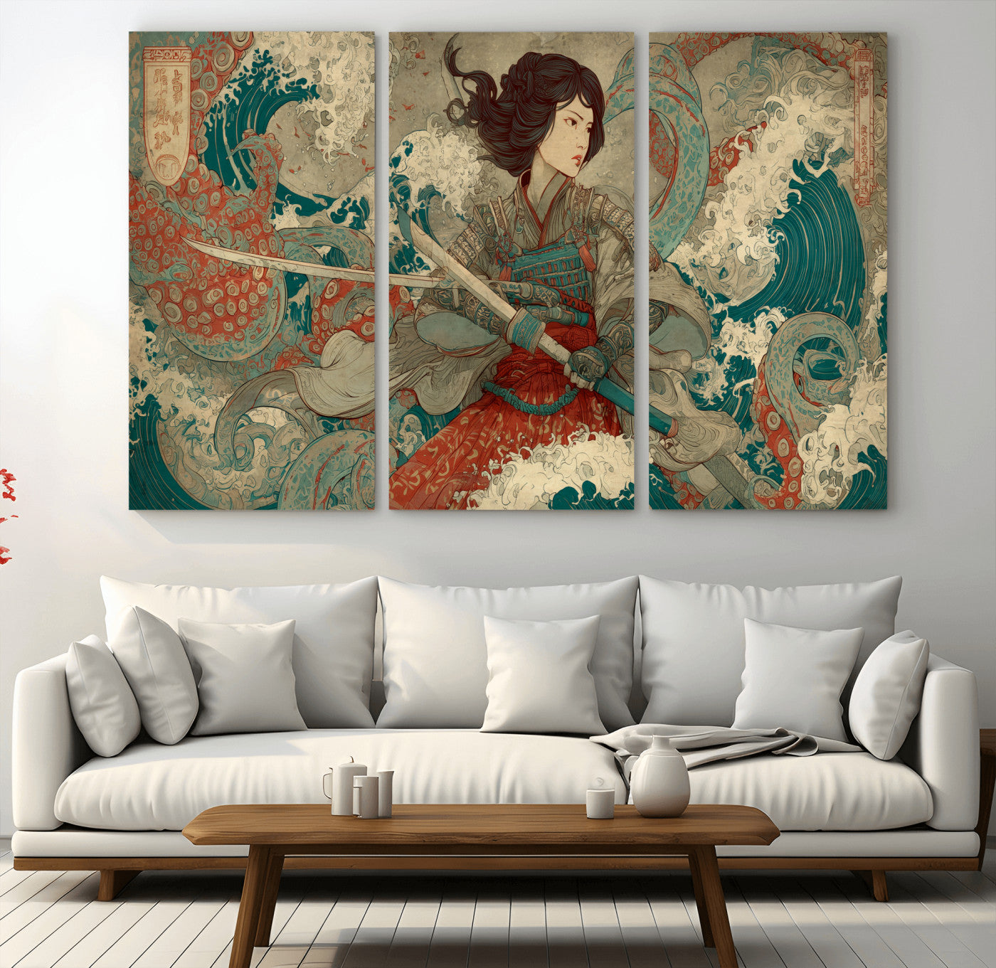 Tsukioka Yoshitoshi Samurai Wall Art Print, Japanese Katana Warrior Canvas Wall Art, Octopus Sea Monster Canvas Print,