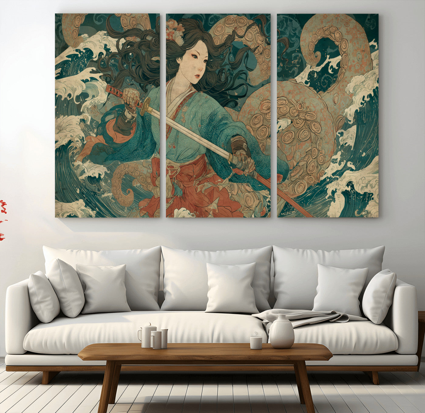 Tsukioka Yoshitoshi Samurai Wall Art Print, Japanese Katana Warrior Canvas Wall Art, Octopus Sea Monster Canvas Print,