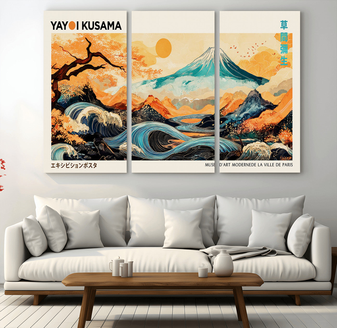 Modern Japanese-style art print featuring a stylized Mount Fuji, flowing waves, and vibrant landscapes in bold colors, inspired by traditional and contemporary aesthetics.