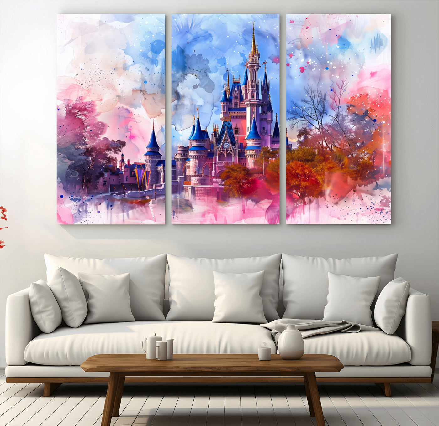 Watercolor canvas of a dreamy Disney-style castle in pastel pink and blue tones, perfect for fairytale or whimsical home decor.