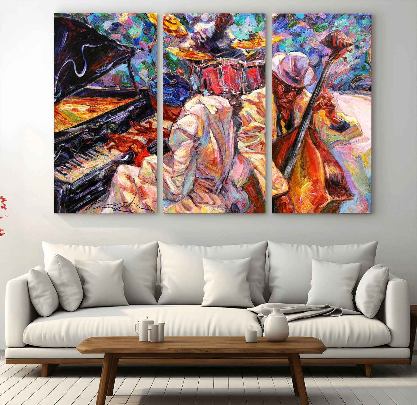 Vibrant oil painting of a jazz band with piano, saxophone, and bass, ideal for colorful and expressive music-themed home decor.