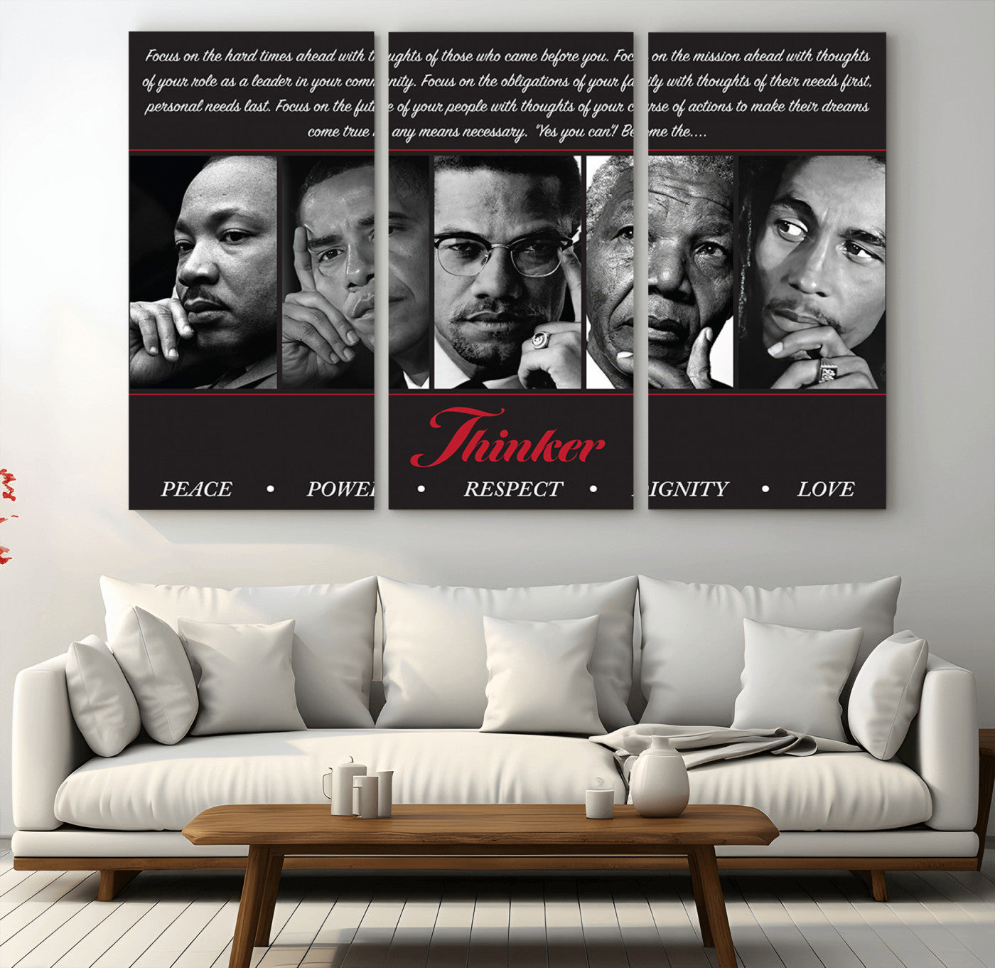 Monochrome canvas of iconic Black leaders with a powerful quote, perfect for modern spaces with a cultural or motivational theme.