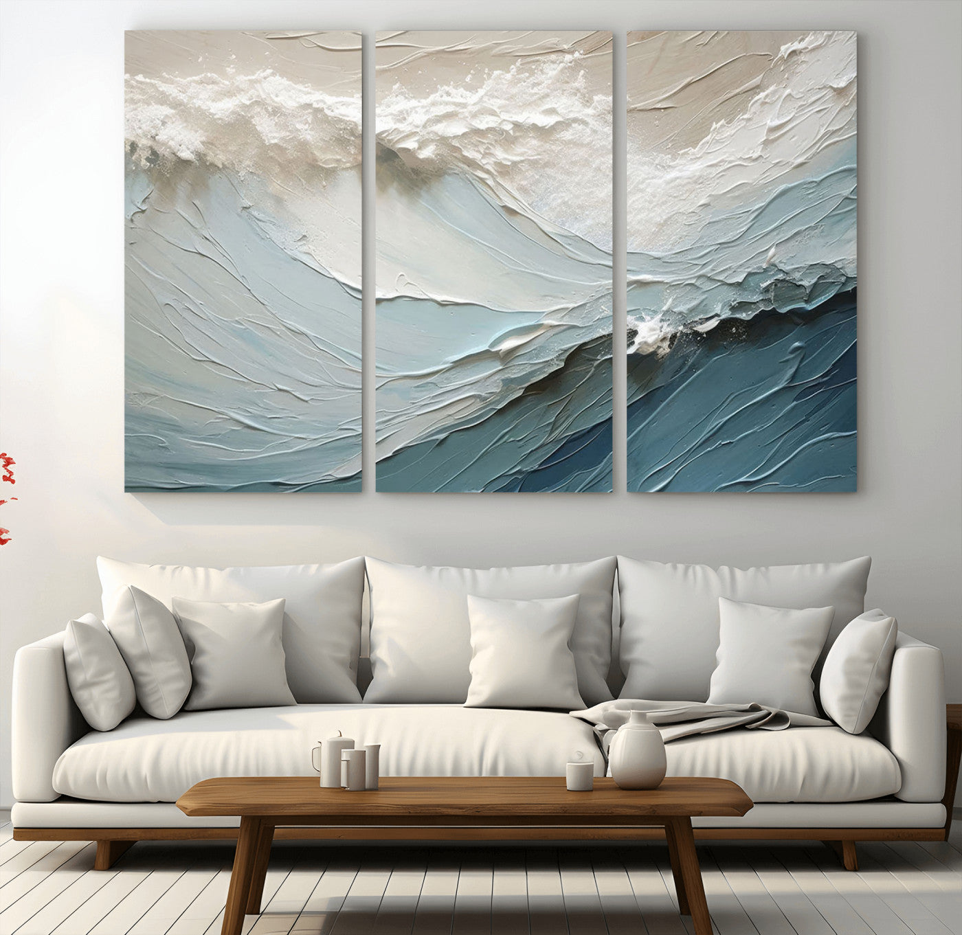Textured canvas of ocean waves in soft coastal blues and creamy whites, ideal for modern or minimalist coastal-style interiors.
