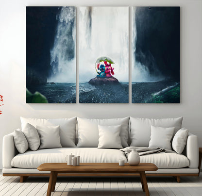 Fantasy canvas of Stitch and Angel under a leaf umbrella in front of a dramatic waterfall, perfect for moody jungle-themed or animated decor.
