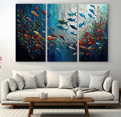 Colorful painting of fish swimming in abstract ocean swirls, perfect for vibrant marine-themed or expressive coastal home decor.