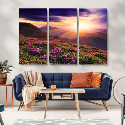 -Mountain Sunrise Wall Art – Vibrant Floral Landscape Canvas Print, Nature Home Decor for Living Room, Bedroom Office or Cabin