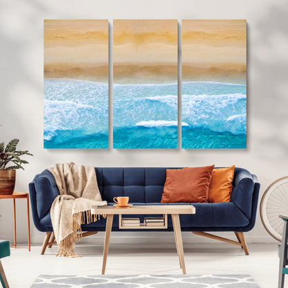 -Aerial Beach Wall Art – Serene Ocean Waves & Sandy Shore Canvas Print, Coastal Home Decor for Living Room, Bedroom or Office