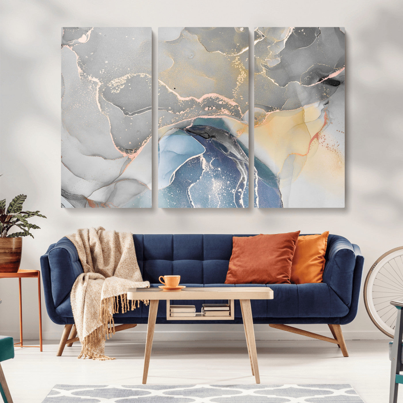 -Abstract Fluid Art Wall Decor – Blue, Gray & Gold Canvas Print, Modern Home and Office Wall Art Decor for Living Room, Bedroom or Workspace