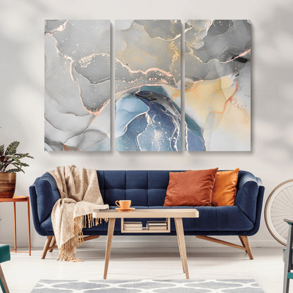 -Abstract Fluid Art Wall Decor – Blue, Gray & Gold Canvas Print, Modern Home and Office Wall Art Decor for Living Room, Bedroom or Workspace