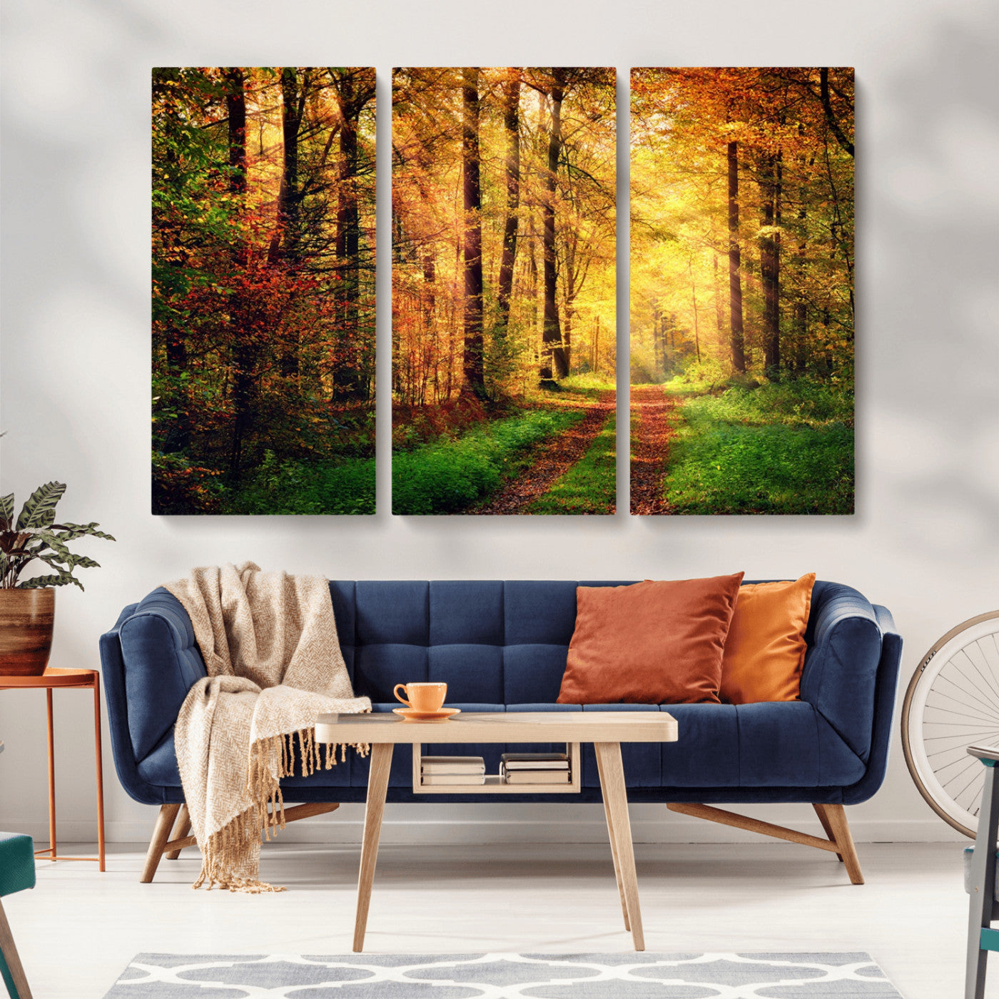 73494-MGV-CV-36X24-Golden Autumn Forest Path Wall Art – Sunlit Woodland Canvas Print, Fall Nature Landscape Home Decor