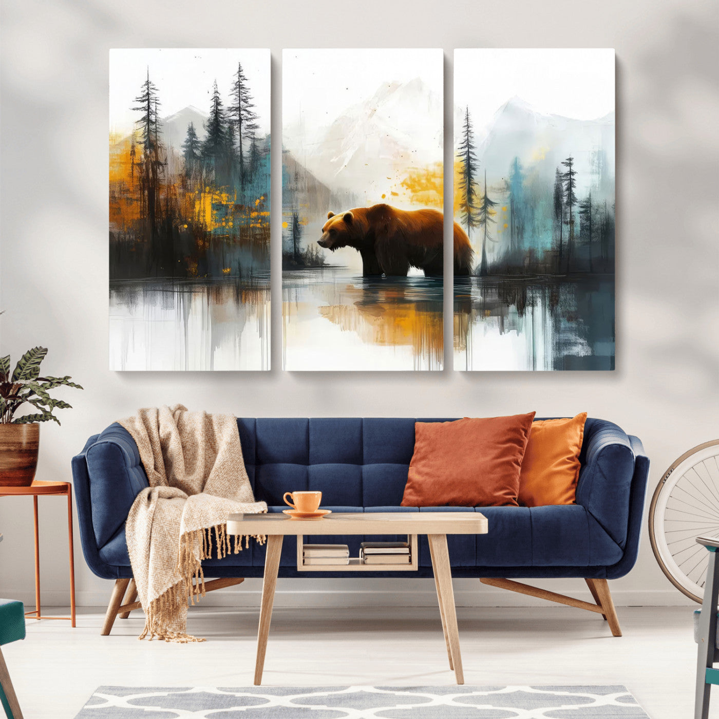 A majestic bear stands by the serene waters of a misty forest, surrounded by towering trees and distant mountains, evoking the raw beauty and wild spirit of nature.