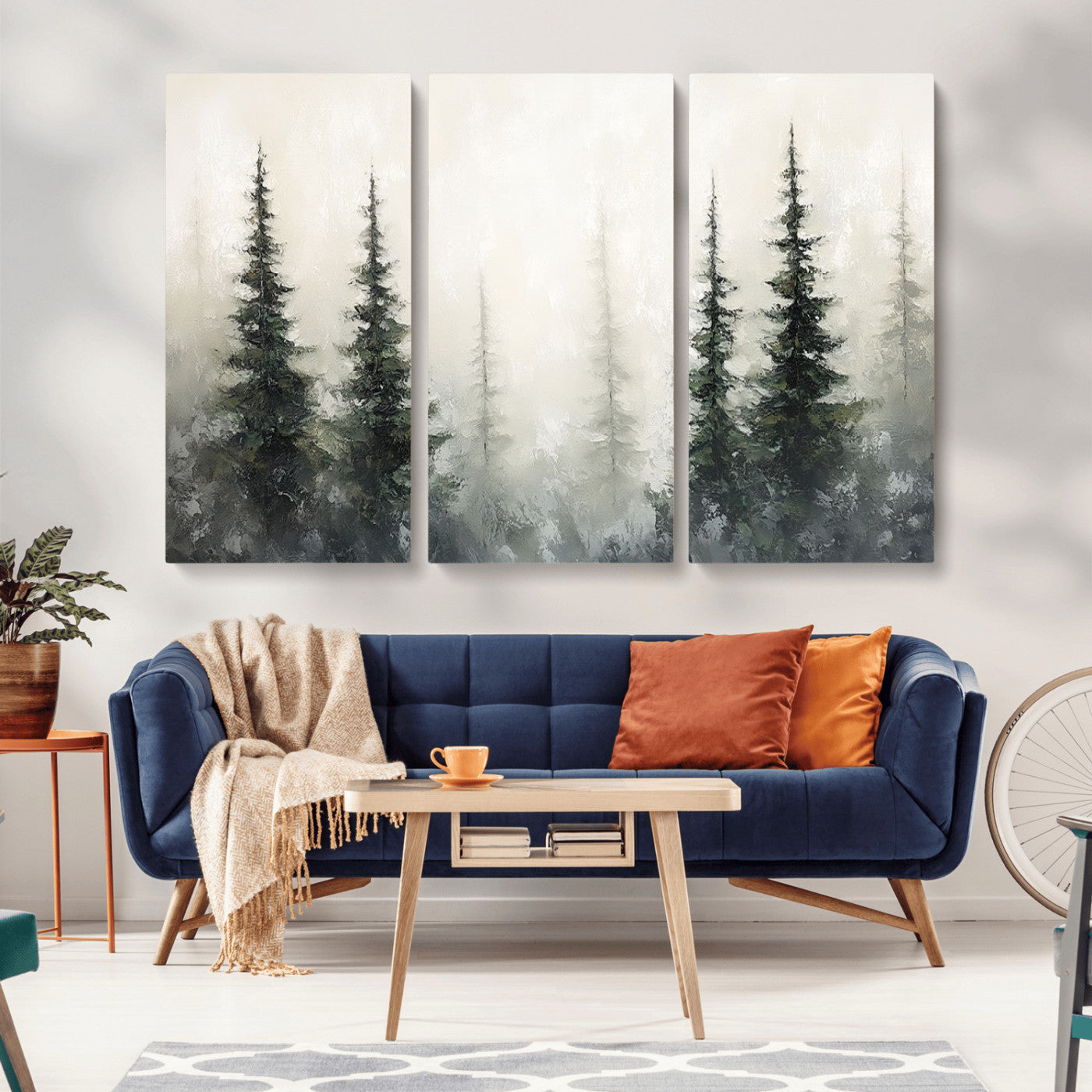 Soft and misty pine forest painting in neutral earthy tones, ideal for calm woodland or minimalist rustic home decor.