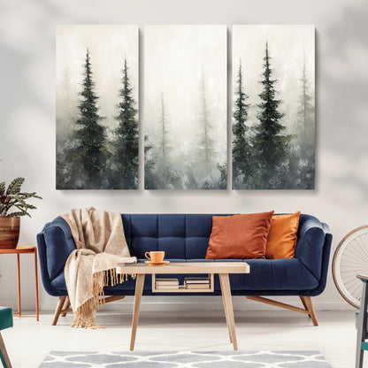 Soft and misty pine forest painting in neutral earthy tones, ideal for calm woodland or minimalist rustic home decor.