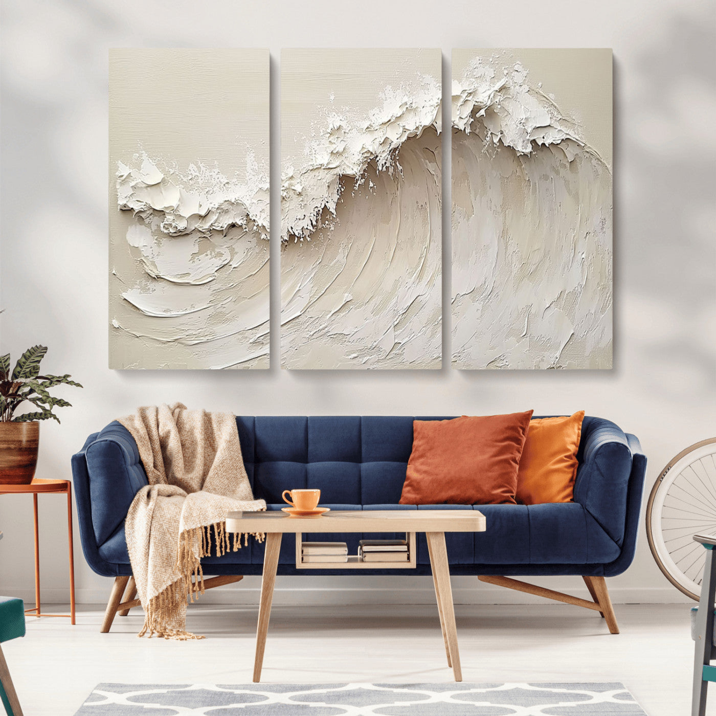 Textured canvas of an abstract white ocean wave in neutral tones, ideal for modern coastal or minimalist home decor.