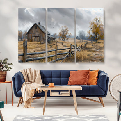 A tranquil rural scene featuring a rustic barn, overcast skies, and golden fields with scattered trees, evoking a sense of peaceful solitude in nature.