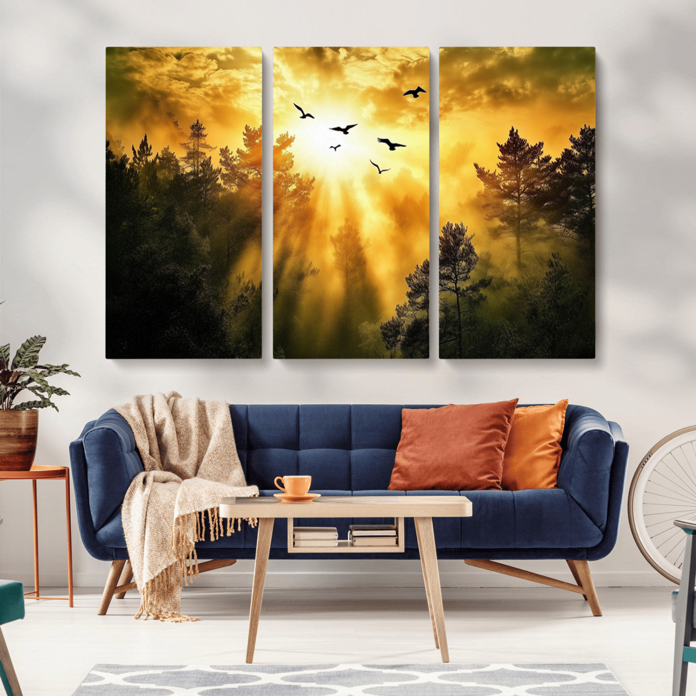 Canvas of a golden forest at sunset with birds flying through glowing sunbeams and silhouetted pine trees, ideal for warm-toned rustic decor.