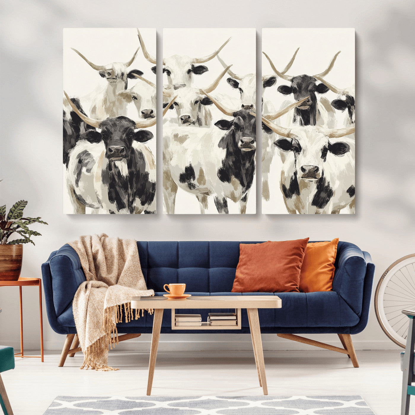 Canvas of a Texas Longhorn cattle herd in neutral black and white tones, ideal for rustic farmhouse or western-themed decor.