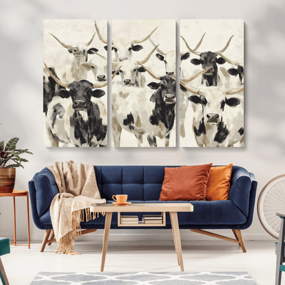 Canvas of a Texas Longhorn cattle herd in neutral black and white tones, ideal for rustic farmhouse or western-themed decor.