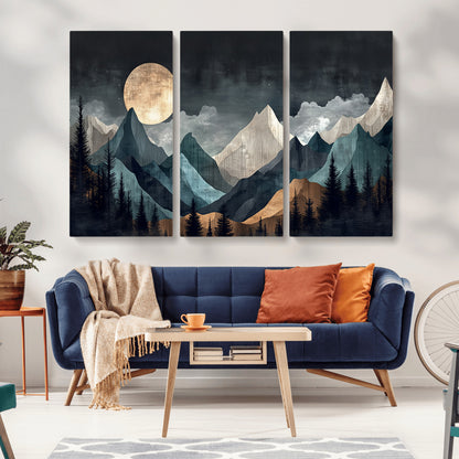 Stylized canvas of layered mountains under a full moon in neutral moody tones, ideal for nature-inspired or modern rustic interiors.