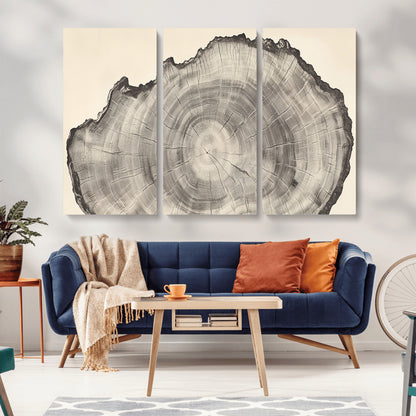 Detailed tree ring drawing in monochrome tones, ideal for rustic or nature-inspired interiors with a minimal decor aesthetic.