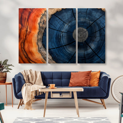 A captivating close-up of a tree trunk, showcasing its concentric rings in rich shades of blue, orange, and brown, highlighting the organic patterns of natural wood.