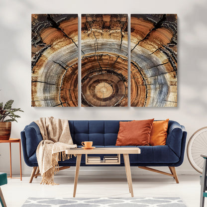 Canvas of tree rings and natural wood grain in earthy tones, ideal for rustic or vintage-inspired home decor with organic textures.