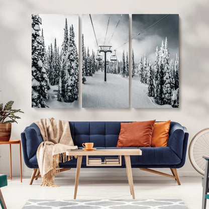 Canvas of a snowy ski lift scene through a forest of tall pine trees, ideal for moody winter or alpine-themed home decor.