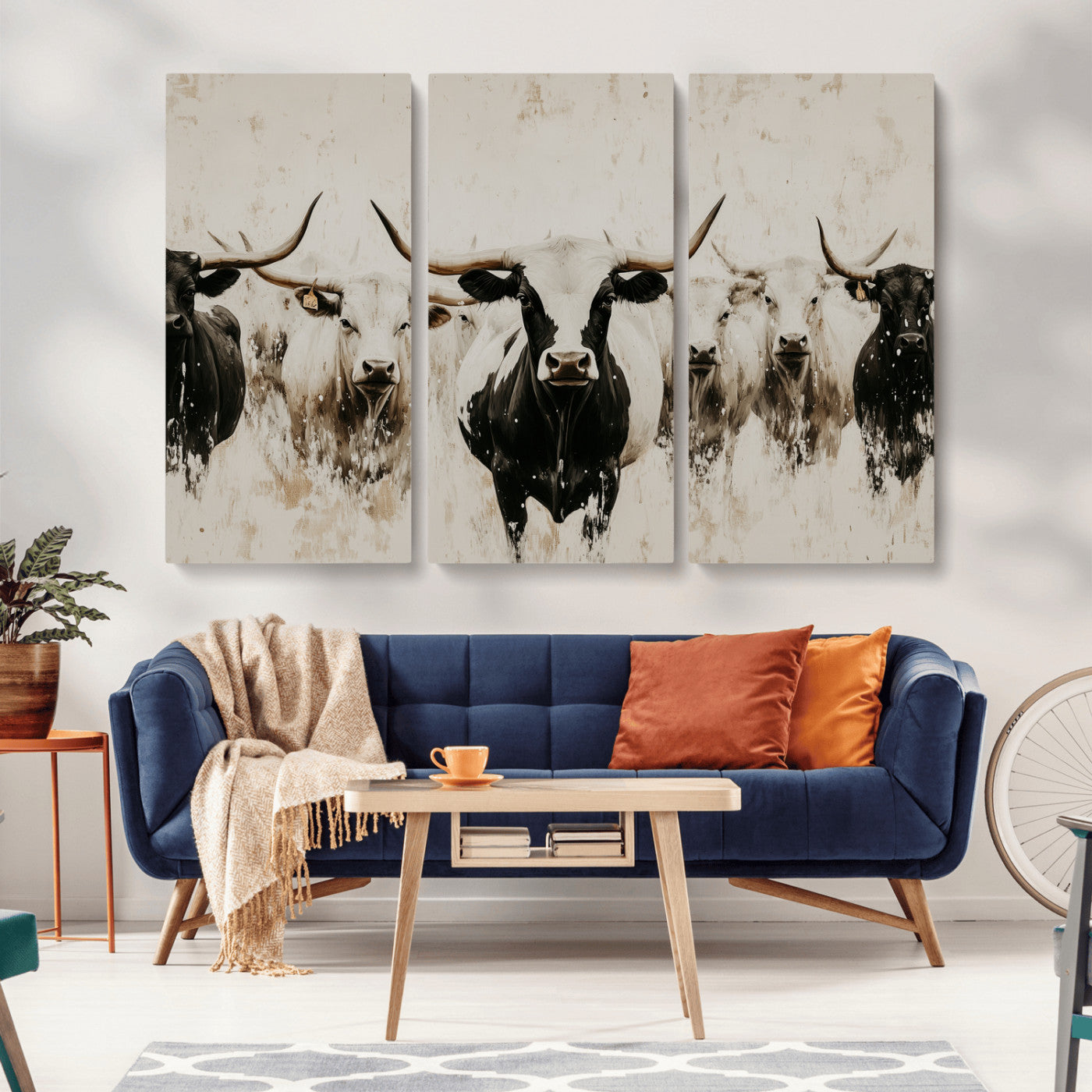 Illustrated herd of longhorn cattle in black and white tones with a neutral textured background, perfect for rustic or farmhouse-style decor.