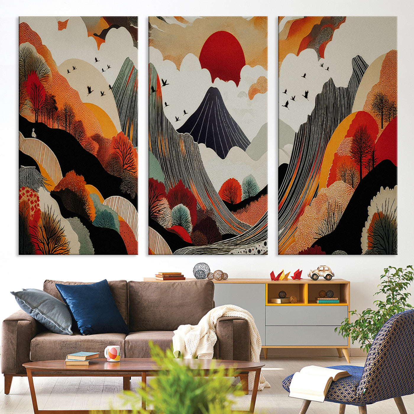 Abstract Mountain Wall Art Canvas Print, Vibrant Landscape Print, Framed Stylized Nature Drawing Art Print, Large Sunset Mountains Printing Perfect for Contemporary Minimalist Decor