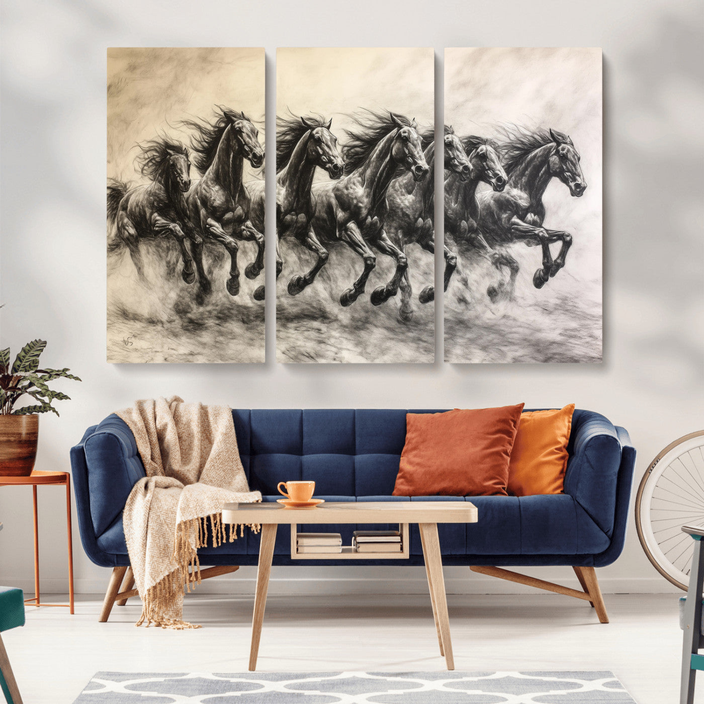 Monochrome drawing of a herd of galloping horses, perfect for dynamic and wild-themed decor in any equestrian or nature-inspired room.