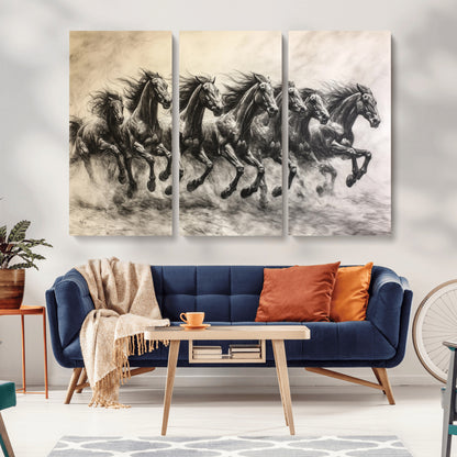 Monochrome drawing of a herd of galloping horses, perfect for dynamic and wild-themed decor in any equestrian or nature-inspired room.